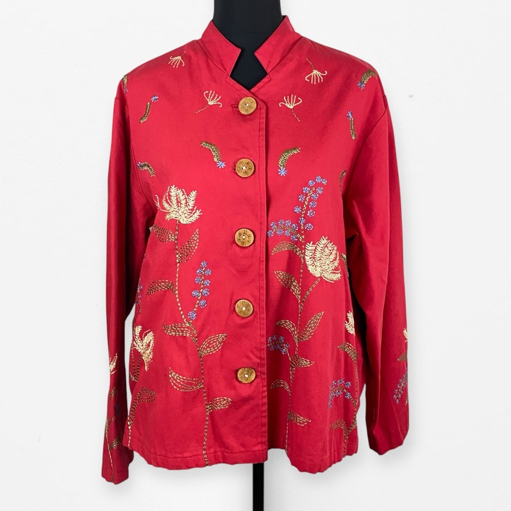 Coldwater Creek Bright Coral Red Embroidered Flower Jacket Blazer XLG